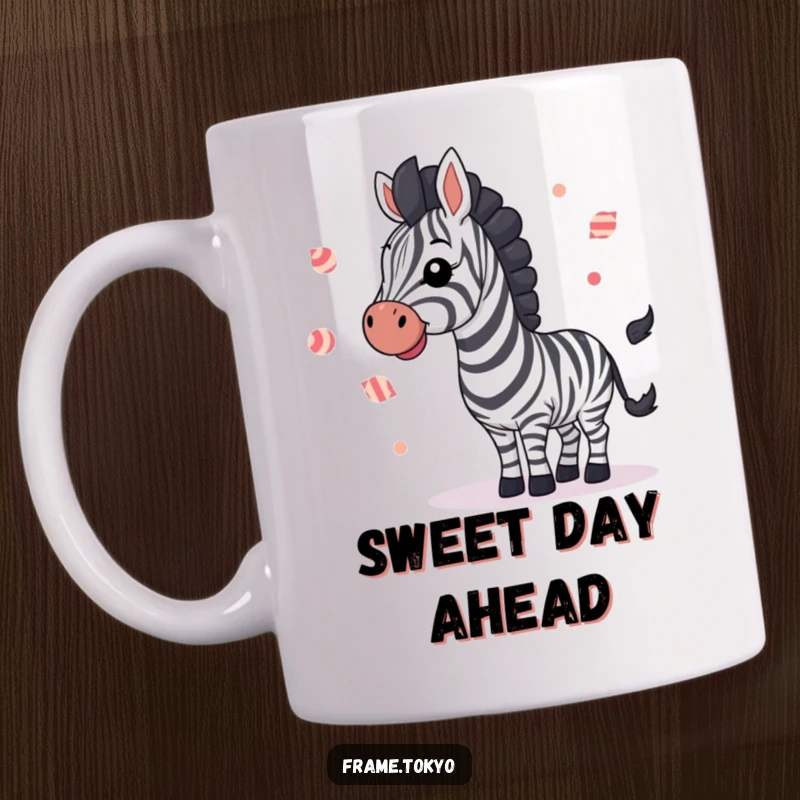 Funny zebra joyfully waving while juggling small, colorful striped candies, radiating happiness and sweetness.