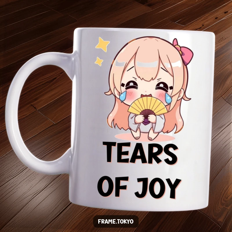 Funny mug with a character crying happy tears and holding a shimmering fan, depicting a hilarious celebration and overwhelming joy.