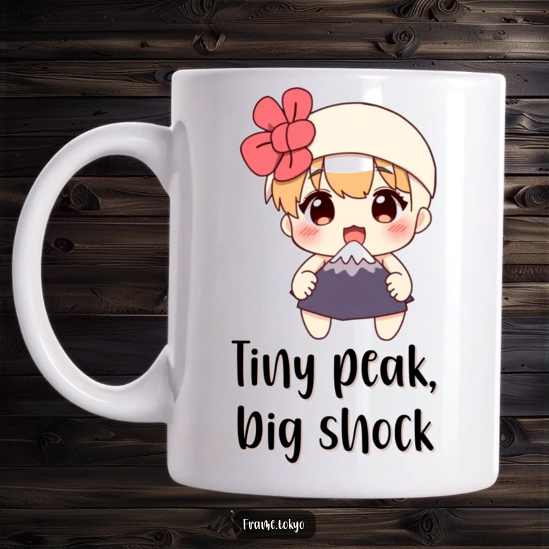 Funny mug featuring a surprised character clutching a tiny Mount Fuji, showcasing a hilarious travel adventure and a comical reaction.