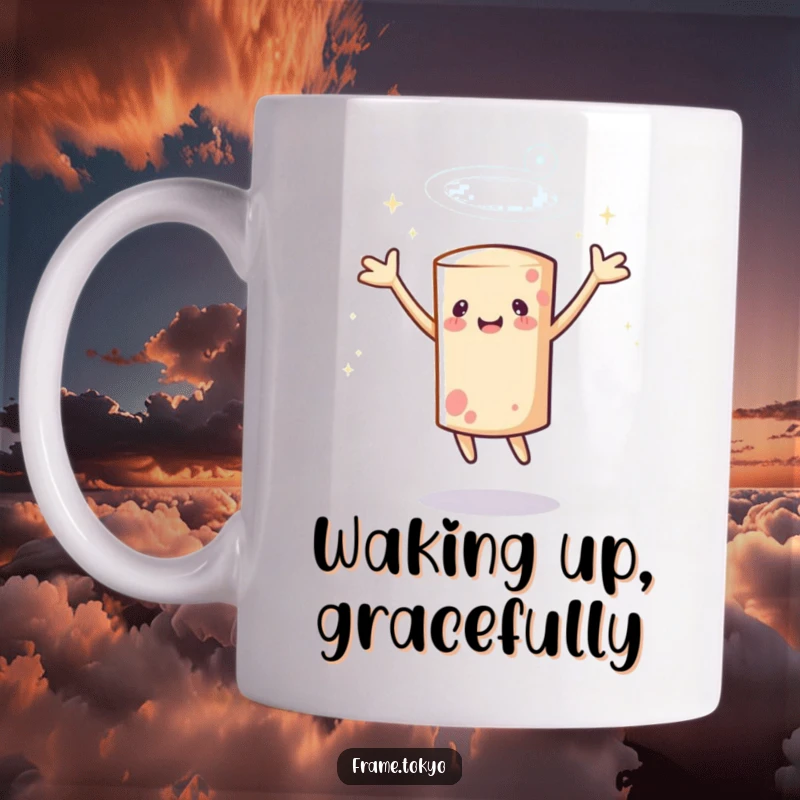 Funny cylindrical character mug spinning with arms outstretched, surrounded by a halo of magical sparkles, radiating pure joy.