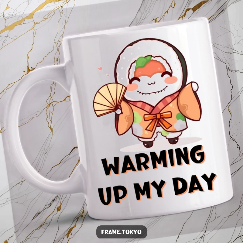 Funny sushi roll character wearing a colorful kimono, enthusiastically waving a small fan with a joyful expression.