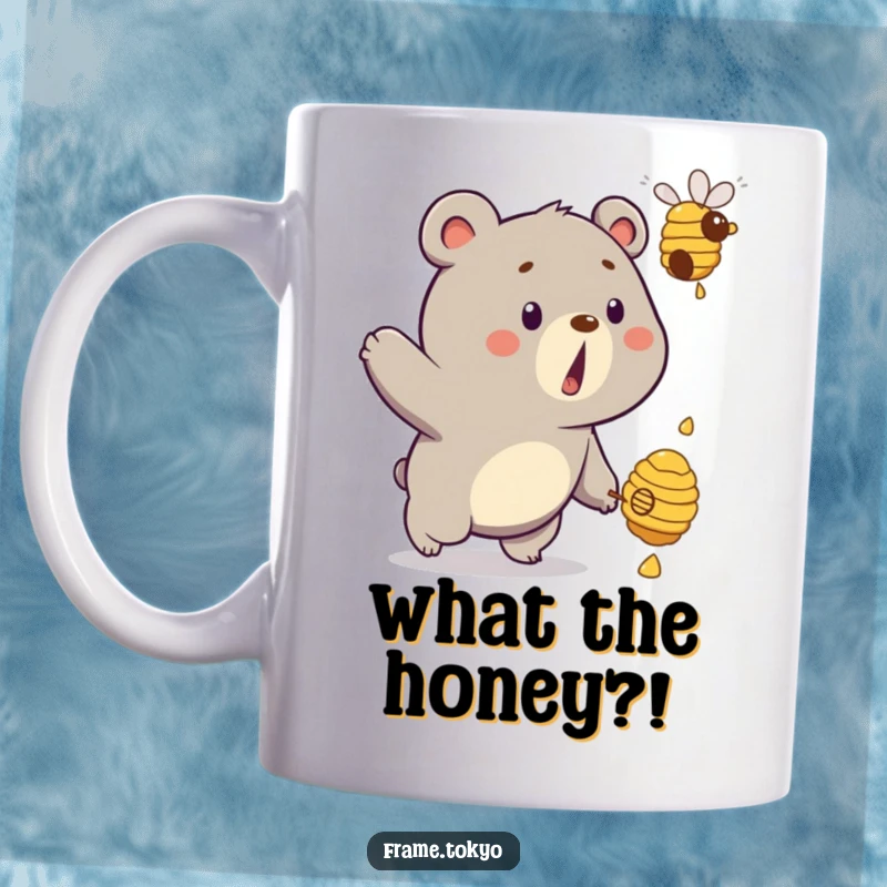 Funny bear mug showing a startled bear with wide eyes, comically chasing a floating, dripping beehive with sheer desperation.