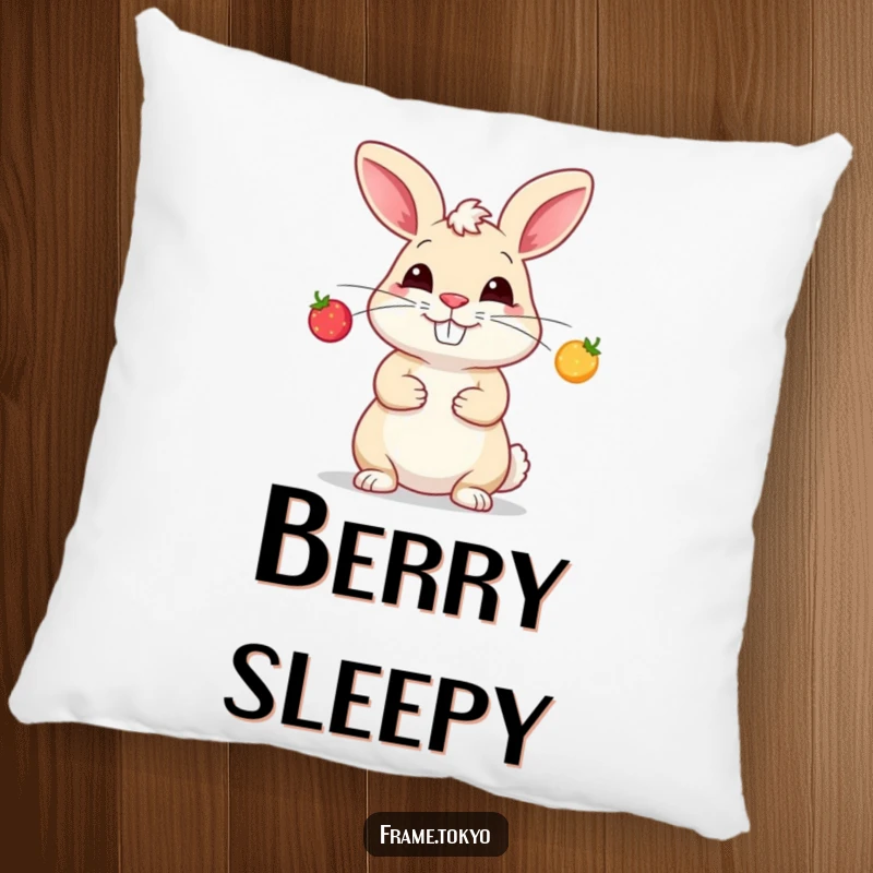 Funny pillow graphic of a grinning rabbit performing a skillful juggle with three tiny, luminous berries.