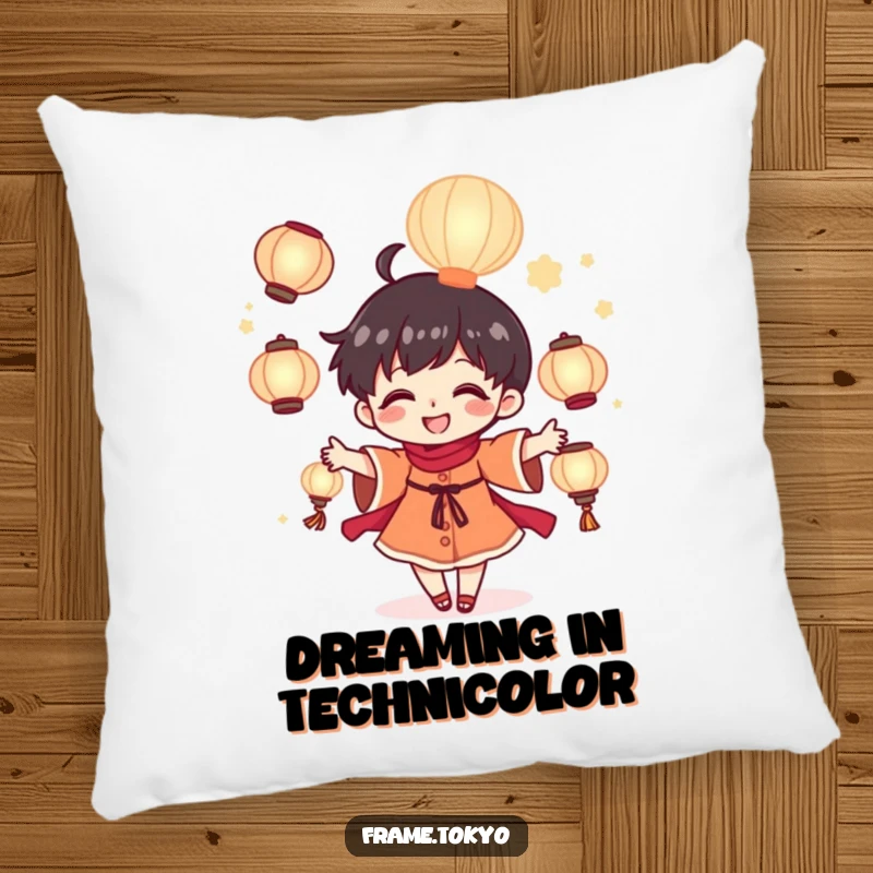 Funny tiny juggler pillow showing a joyful character juggling bright glowing lanterns, adding a whimsical charm.