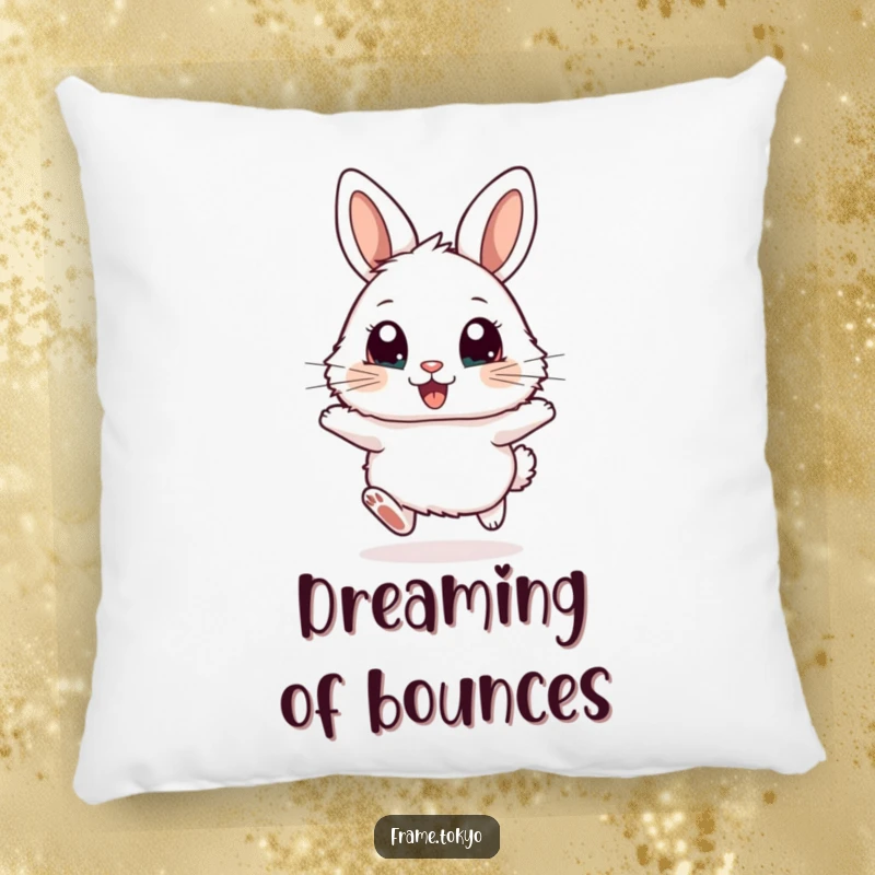 Funny pillow featuring a fluffy rabbit with big, excited eyes, depicted in a joyful, energetic hopping pose.
