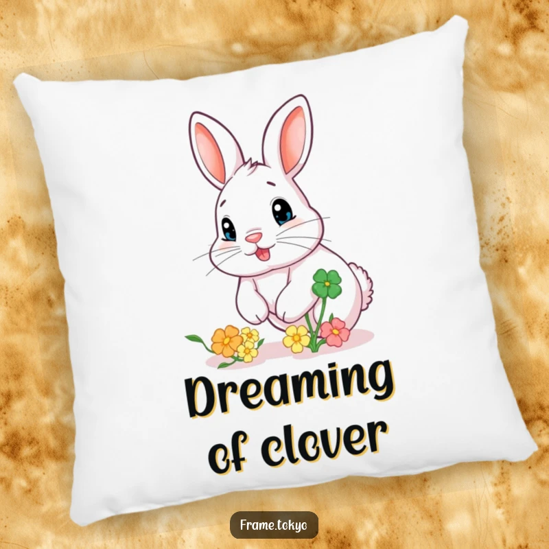 Funny pillow depicting a rabbit with a twitching nose chasing a bouncing, colorful clover, offering soft, humorous decor.