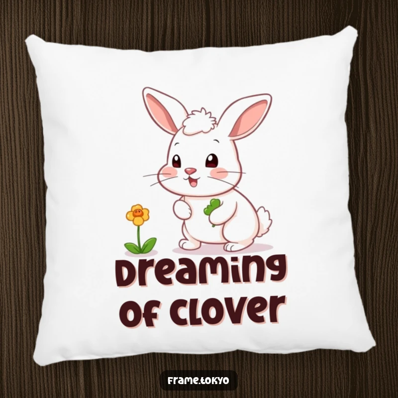 Funny pillow featuring a rabbit with a twitching nose, playfully chasing a vibrant, bouncing clover.