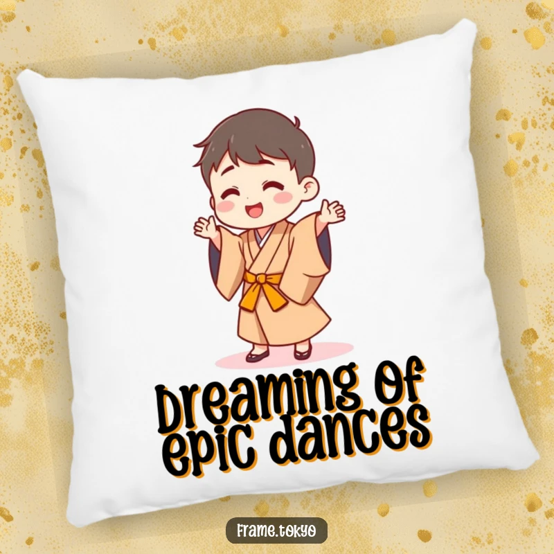 Funny pillow with a happy character in a Japanese robe doing a silly dance, ideal for comfort and decor.