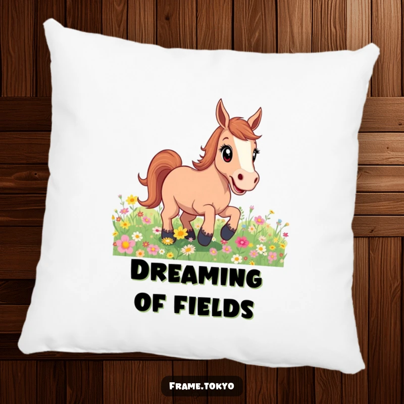 Funny excited horse flower field pillow, a soft and decorative accent that brings the playful energy of a horse in bloom to any room.