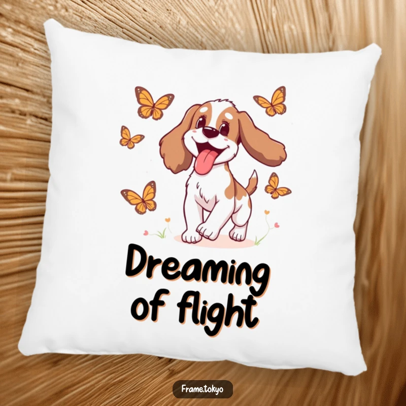 Funny Spaniel Pillow depicting a spaniel with its tongue hanging out in delight while chasing animated butterflies.