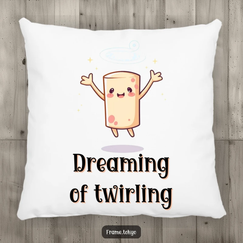 Funny cylindrical character pillow spinning with arms outstretched, surrounded by a halo of sparkles, perfect for adding comfort and magic.