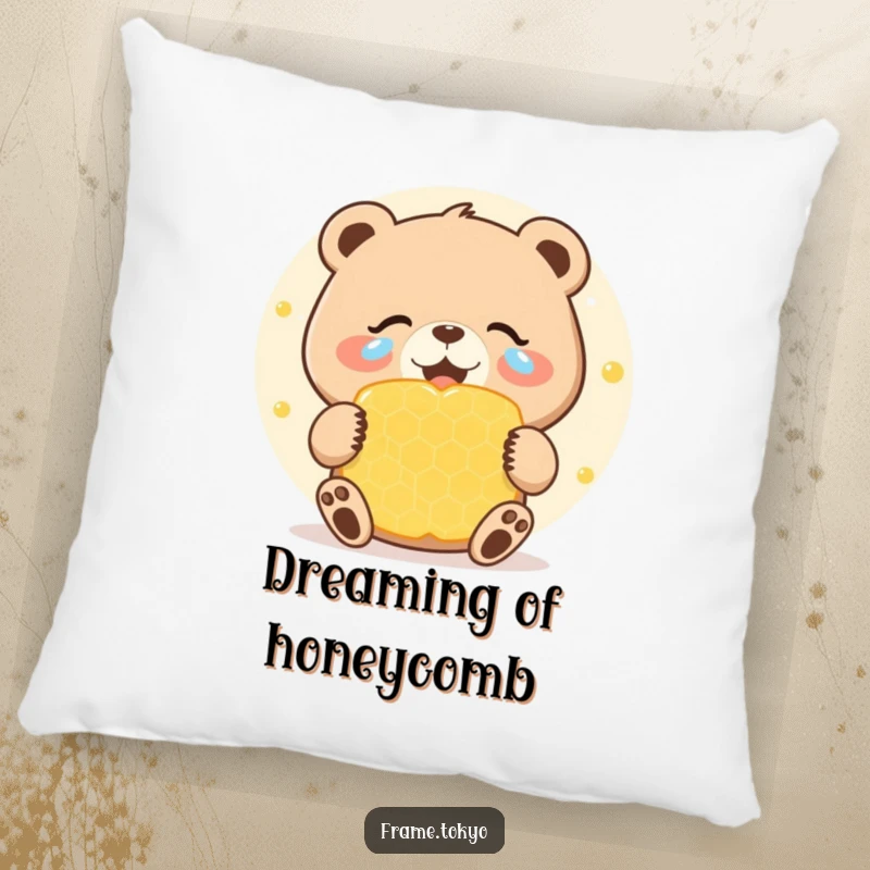 Funny pillow depicting a bear with joyous tears celebrating a giant, sweet honeycomb, offering comfort and a humorous, sweet visual.