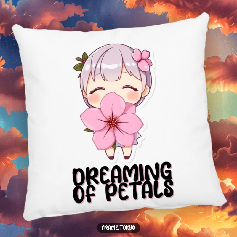 Funny Pillow: A character with a contented smile, holding a large, delicate cherry blossom, perfect for lounging.