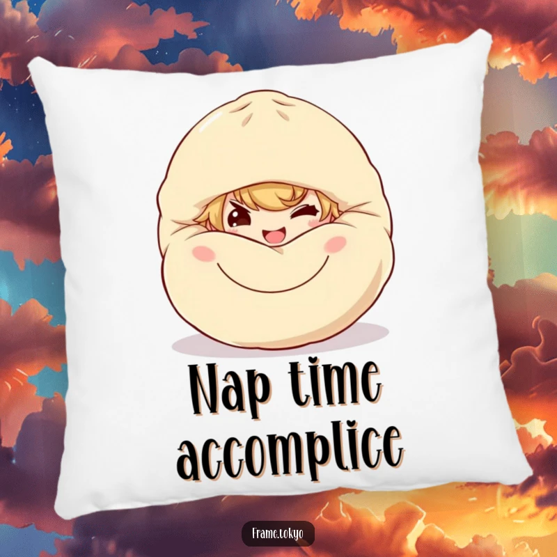 Funny dumpling sneak pillow showing a character with a mischievous grin peeking from behind a big, happy dumpling.