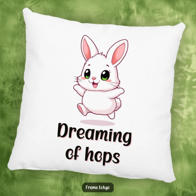 Funny Fluffy Rabbit Pillow with big, excited eyes, joyfully hopping, for comfy and happy humor.