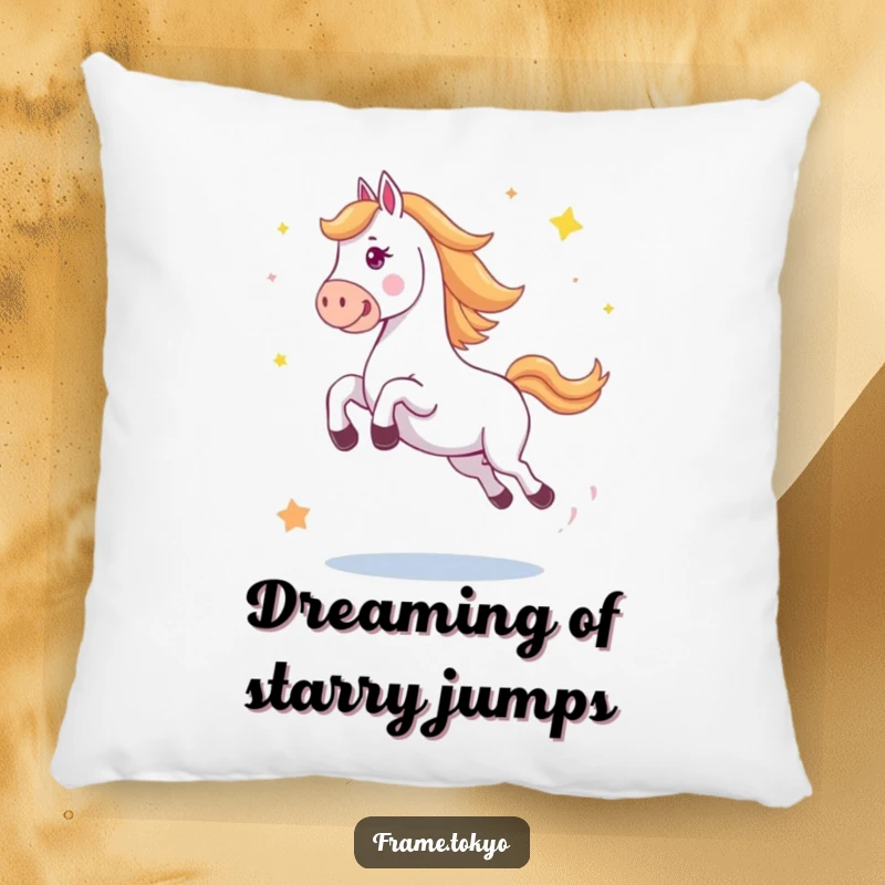 Funny horse pillow featuring a horse in a big, happy jump with abstract stars scattering around, ideal for comfort.