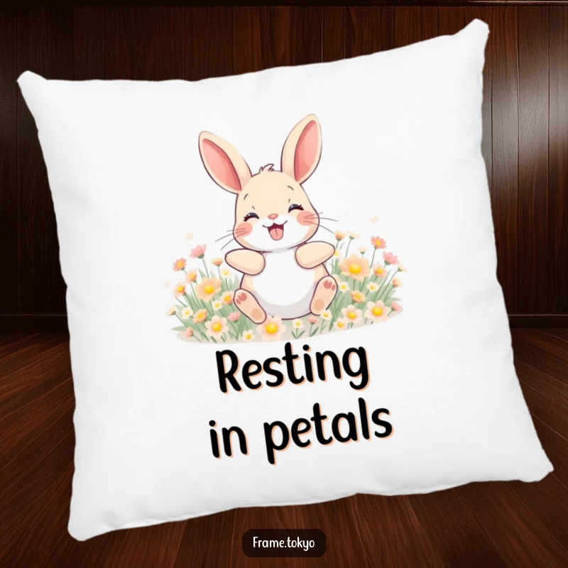 Funny pillow featuring a happy rabbit with a wide grin, joyfully rolling in a field of tiny, glowing flowers.