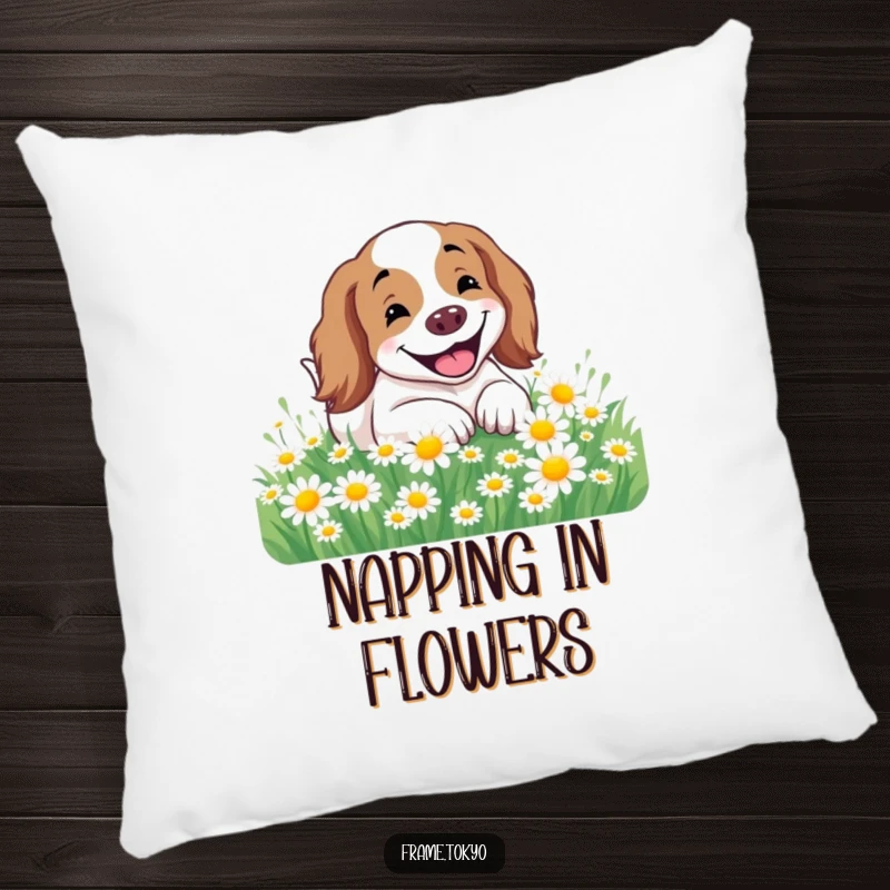 Funny Spaniel Pillow depicting a spaniel with a huge smile blissfully rolling in a field covered with white daisies.