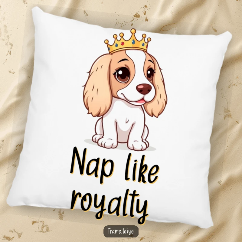 Funny Spaniel Pillow depicting a spaniel with a mischievous look in its eyes, wearing a tiny, cute crown.
