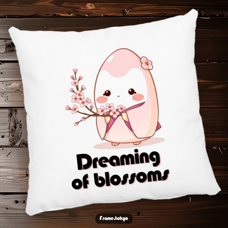 Shy onigiri wearing a kimono holding cherry blossoms, providing comfort and a touch of gentle humor.