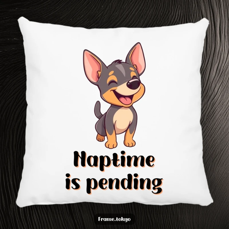 Funny pinscher pillow showcasing a dog happily barking with its tail wagging furiously, embodying pure canine happiness.