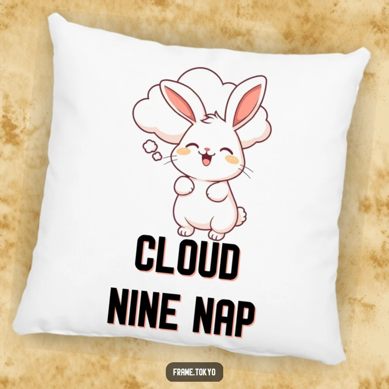 Funny pillow graphic of a rabbit doing a happy wiggle, being gently pushed by a smiling, fluffy cloud.