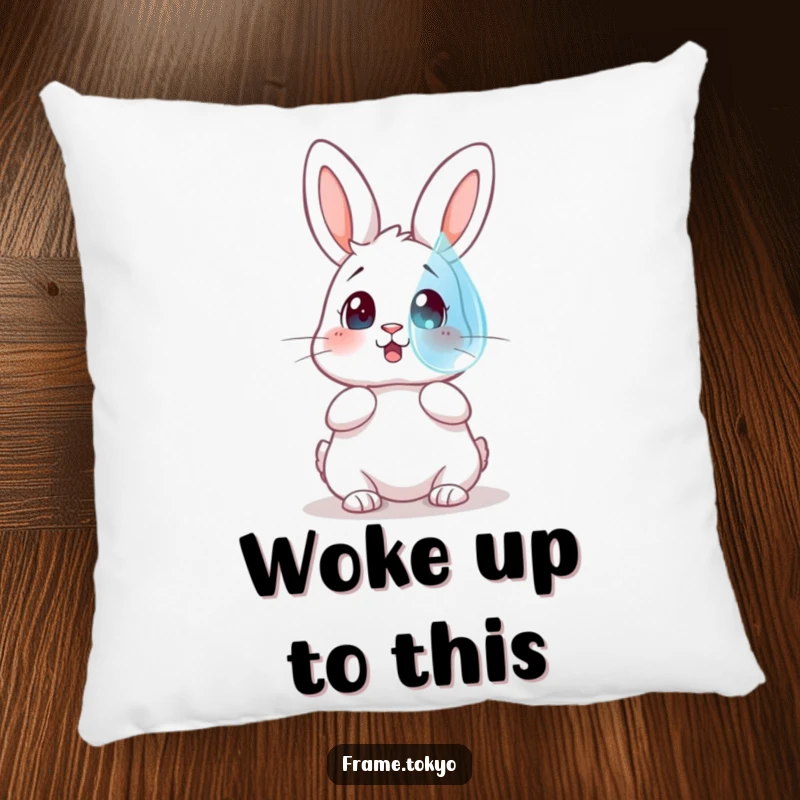 Funny pillow showing a rabbit with a surprised expression gazing at a giant, floating dewdrop, offering soft humor.