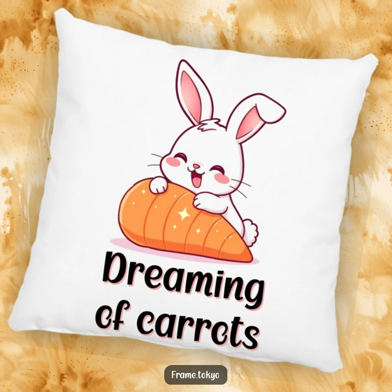 Funny Smiling Rabbit Pillow with long ears, nibbling a giant sparkling carrot, for comfy and whimsical humor.