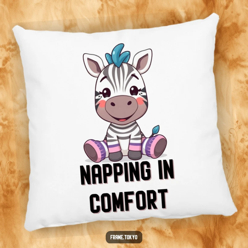 Funny zebra character with a silly grin, showcasing oversized, mismatched socks on a soft, humorous pillow.