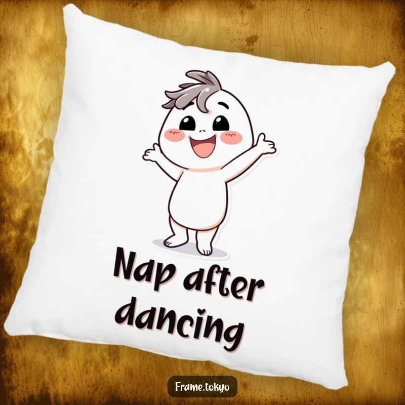 Funny pillow showcasing a character with a huge smile, striking a comically silly dance pose.