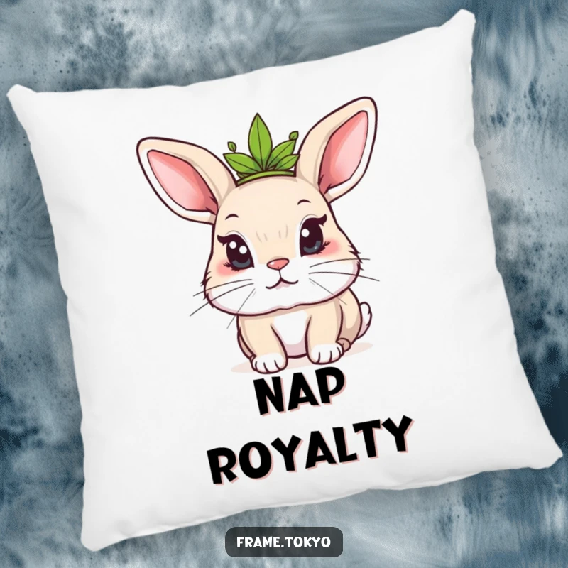 Funny Kawaii rabbit pillow showing a mischievous rabbit wearing a small leafy crown, soft and offering quirky comfort.