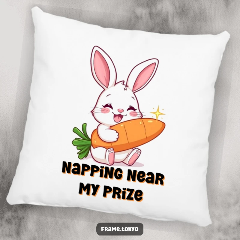 Funny pillow featuring a happy rabbit with long ears, contentedly nibbling on a large, sparkling carrot.