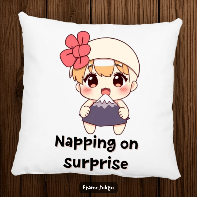 Funny pillow with a surprised character holding a miniature Mount Fuji, offering a comfortable and humorous decorative accent.