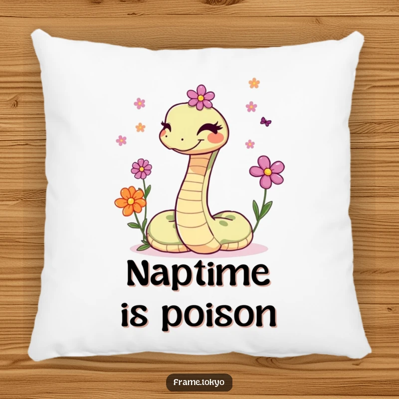 Funny pillow featuring a charming snake winking while expertly juggling a vibrant collection of small flowers, bringing smiles.