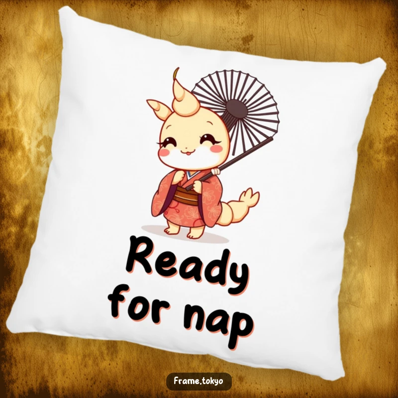 Funny kawaii tempura shrimp in a patterned kimono peeking behind a fan, on a soft and decorative pillow.