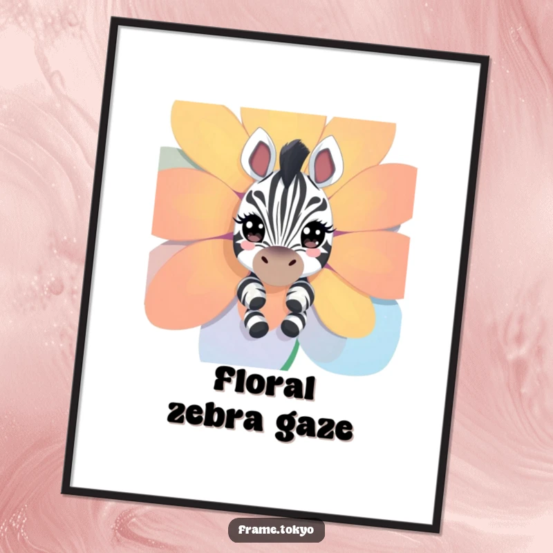 Funny zebra digital art print; a curious zebra with sparkling eyes peeks around a vibrant flower, full of charm.