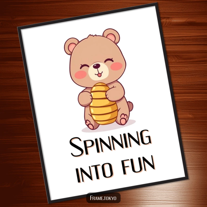 Funny digital art print of a playful, winking bear balancing a tiny, spinning honey dipper, radiating charming and humorous dexterity.