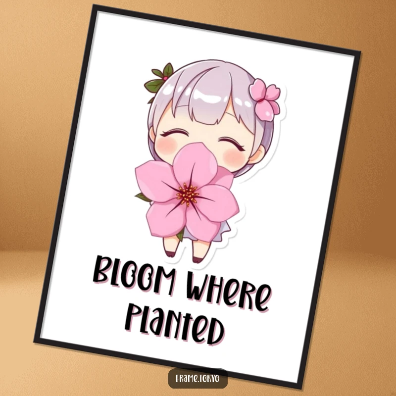 Funny Digital Art Print: A character with eyes closed and a big smile, joyfully holding a large cherry blossom.