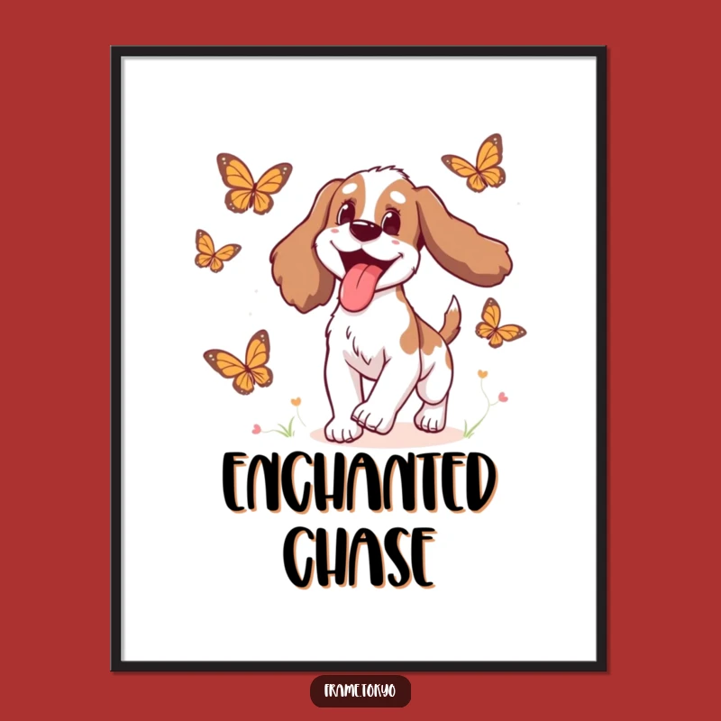 Funny Delighted Spaniel Digital Art: Joyful Butterfly Chase Print