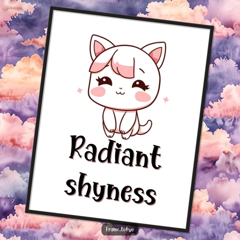Funny Digital Art Print of a character blushing with a shy, happy smile, conveying gentle happiness and charm.