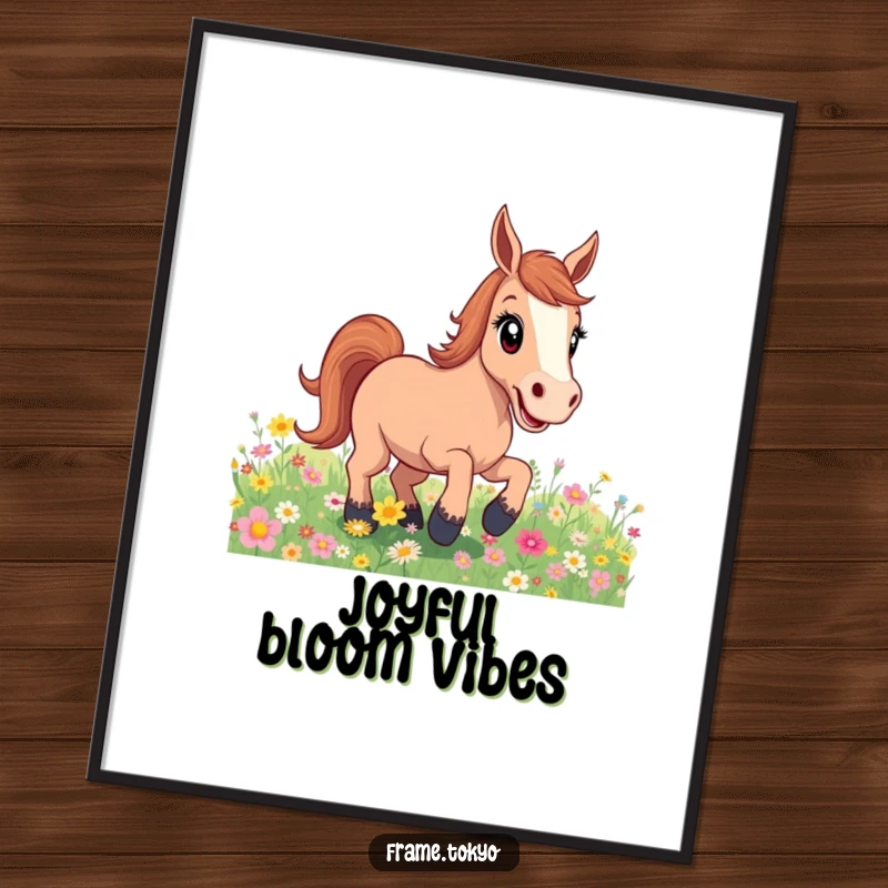 Funny excited horse flower field digital art print, a downloadable piece bursting with color, energy, and the wild beauty of nature.