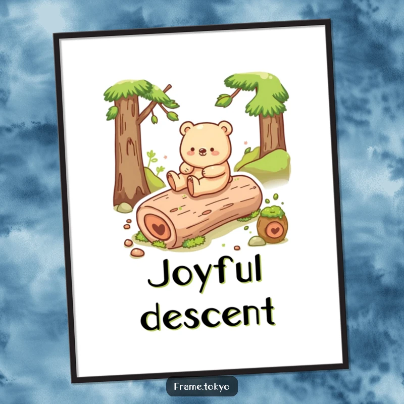 Funny bear digital art print of a happy bear shuffling and sliding down a smooth, mossy log with pure joy.