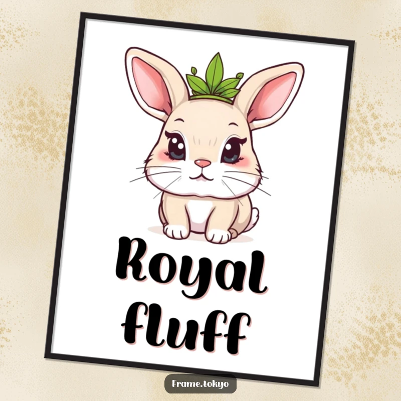 Funny Kawaii rabbit digital art print of a mischievous rabbit wearing a leafy crown, printable wall decor with humor.