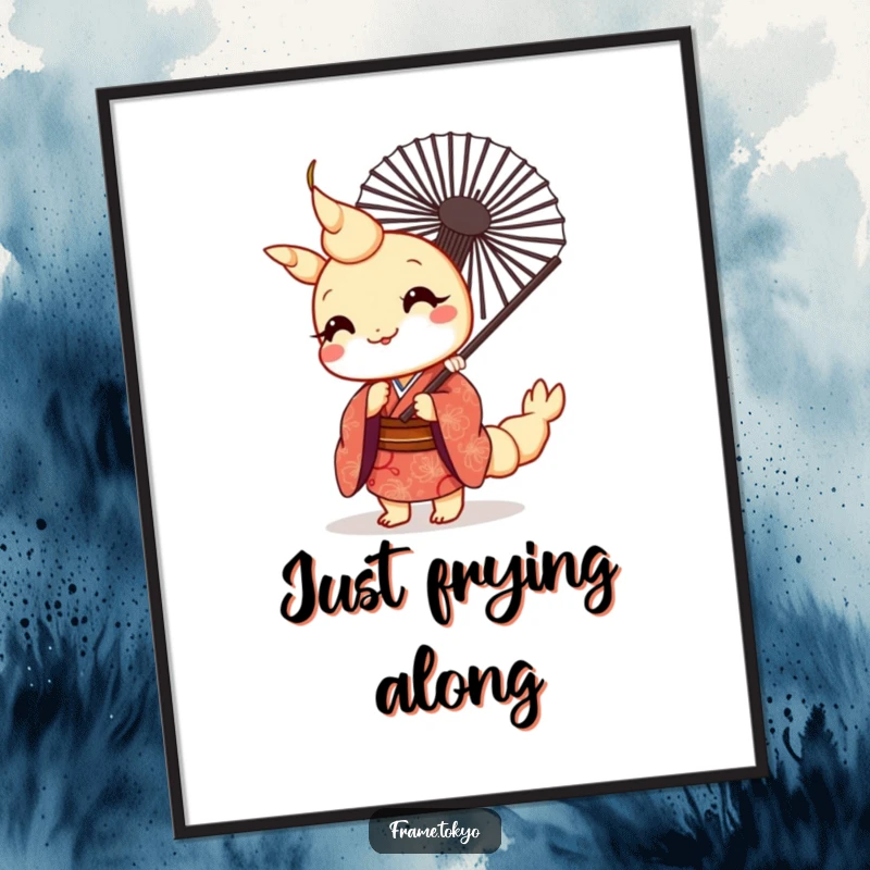 Funny kawaii tempura shrimp wearing a patterned kimono, peeking from behind a fan, as a downloadable digital art print.
