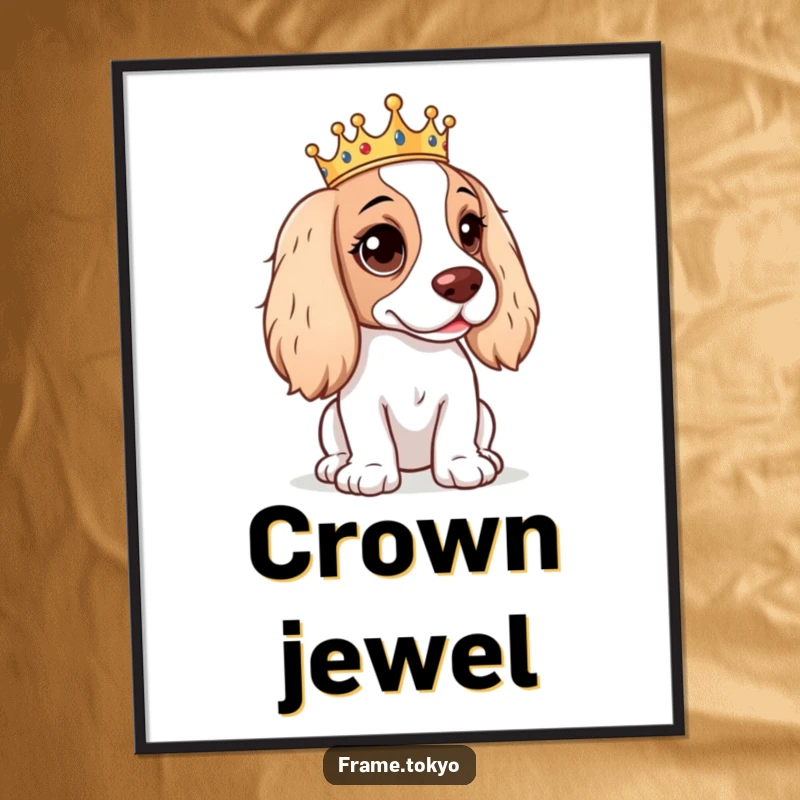 Funny Spaniel Digital Art print of a spaniel with a mischievous glint and a tiny crown, ready for download.