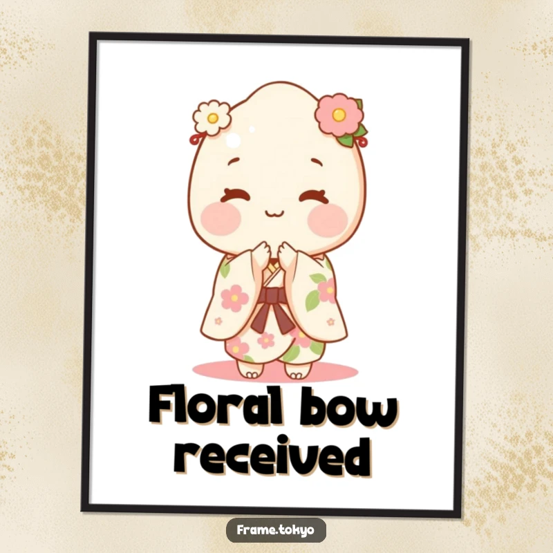 Funny happy mochi character in a floral kimono gracefully bowing, captured in this joyful digital art.