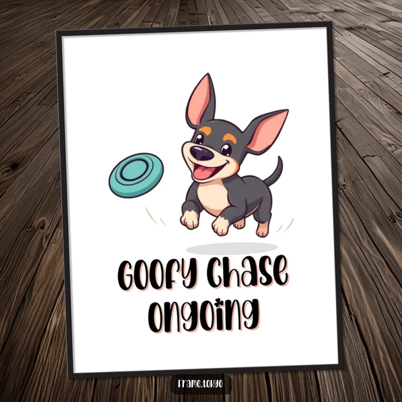 Funny pinscher digital art print capturing a dog with a goofy grin playfully chasing a bouncing mini frisbee, embodying pure fun.