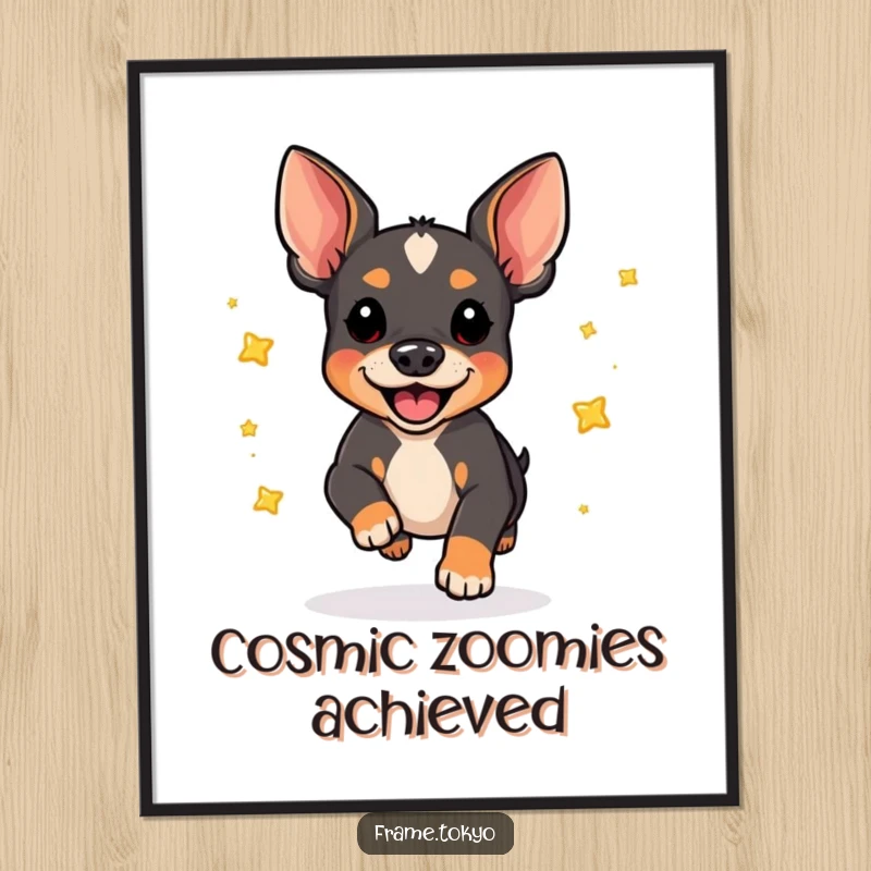 Funny pinscher dog digital art print, captured mid-pounce scattering a dazzling array of shiny stars. Expressive and energetic.