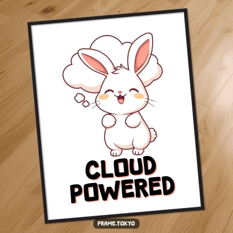Funny digital art print of a rabbit wiggling with delight, being softly blown by a smiling, fluffy cloud.
