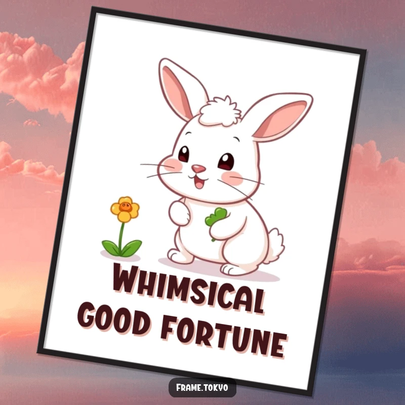 Funny digital art print of a rabbit with a twitching nose, playfully chasing a bouncing, colorful clover.